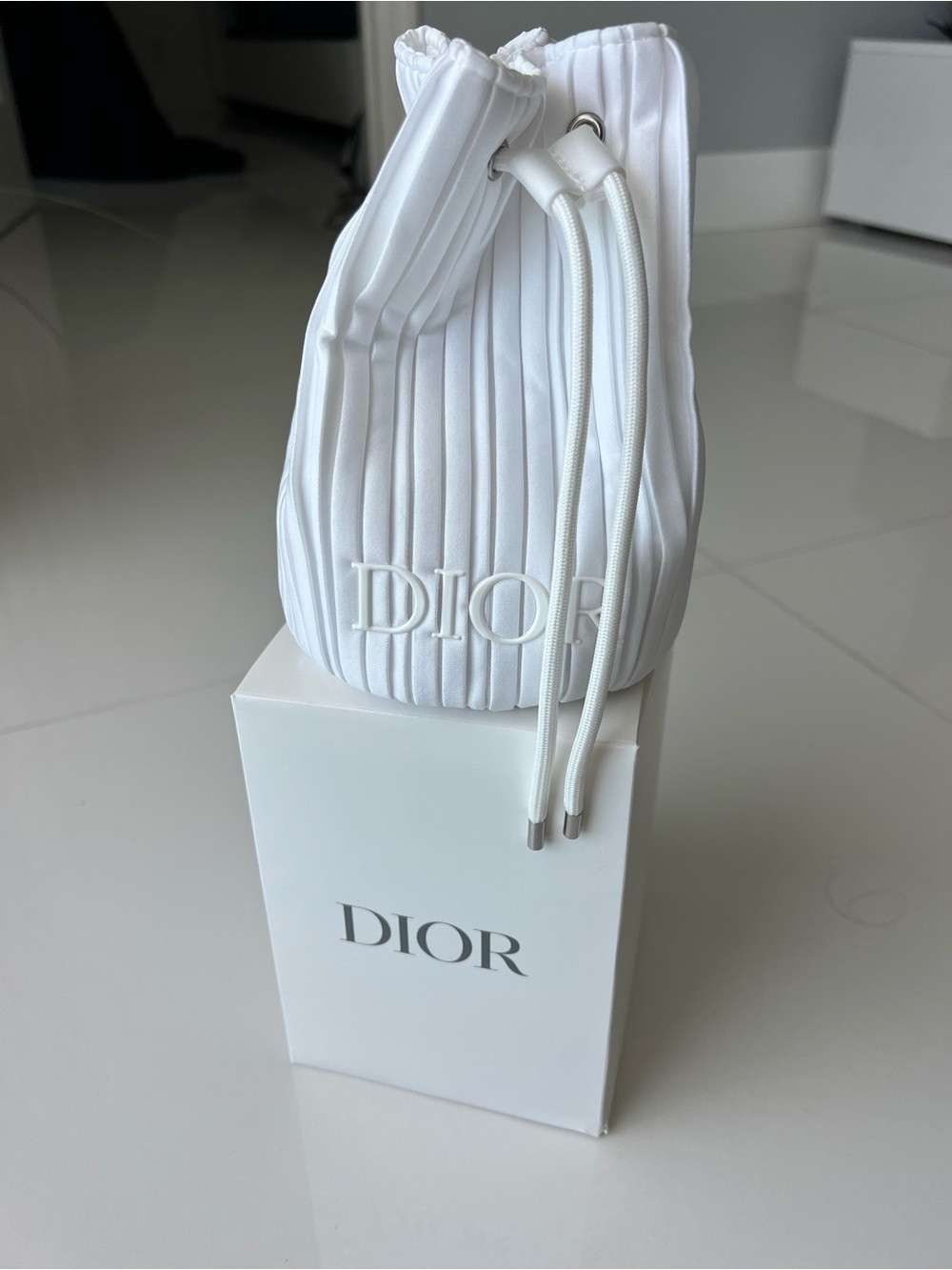 Dior White Pleated Drawstring Pouch with Embossed Logo